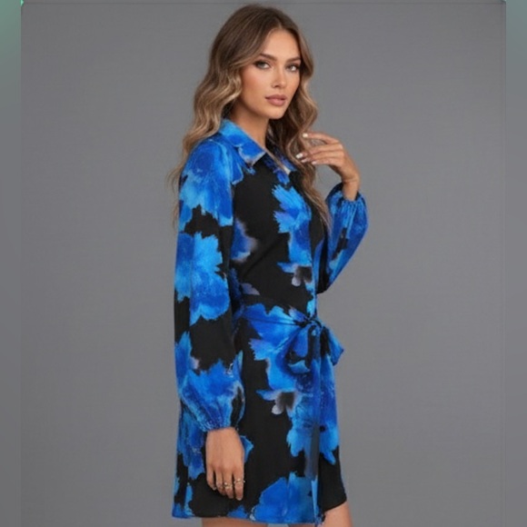 Blue Blossom-Patterned Lantern Sleeve Shirt Dress with Front Tie - Picture 2 of 6